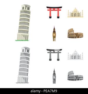 Sights of different countries cartoon,monochrome icons in set collection for design. Famous building vector symbol stock  illustration. Stock Vector