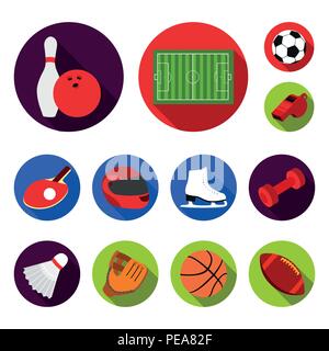 Different kinds of sports flat icons in set collection for design. Sport equipment vector symbol stock  illustration. Stock Vector