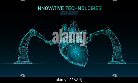 Robotic heart surgery low poly. Polygonal cardiology surgery procedure. Robot arm manipulator. Modern innovative medicine science automation technology. Triangle 3D render shape vector illustration Stock Vector