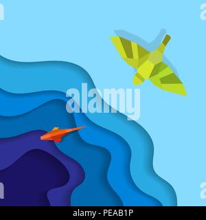 Abstract blue cut paper background with gold fish and bird Stock Vector