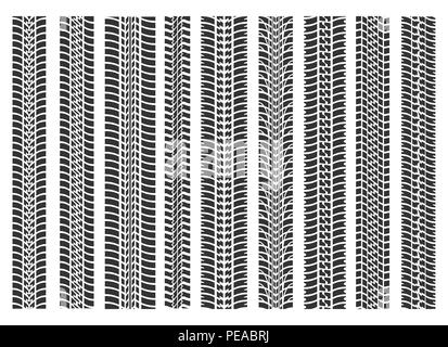 Tire tracks brushes. Bike or track road tyre track race textures, motorbike print silhouettes seamless pattern set Stock Vector