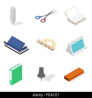 Set of icons isolated on white background, office and school. Flat 3d isometric style, vector illustration. Stock Vector