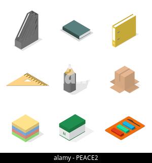 Set of icons isolated on white background, office and school. Flat 3d isometric style, vector illustration. Stock Vector