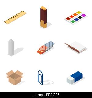 Set of icons isolated on white background, office and school. Flat 3d isometric style, vector illustration. Stock Vector