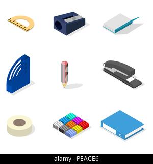Set of icons isolated on white background, office and school. Flat 3d isometric style, vector illustration. Stock Vector