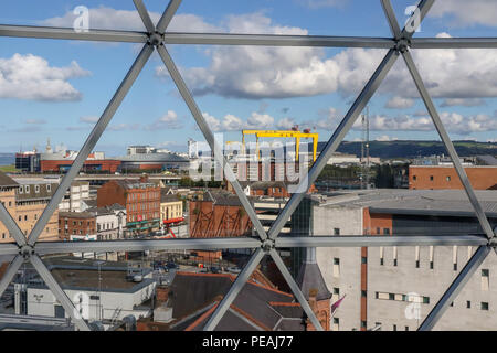 The Belfast skyline as viewd from the glass dome in Victoria Square shpping centre. Editorial use only. Stock Photo