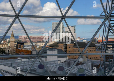 The Belfast skyline as viewd from the glass dome in Victoria Square shpping centre. Editorial use only. Stock Photo