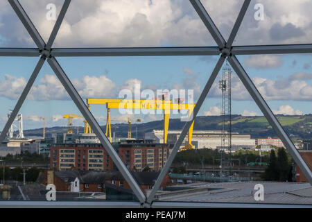 The Belfast skyline as viewd from the glass dome in Victoria Square shpping centre. Editorial use only. Stock Photo