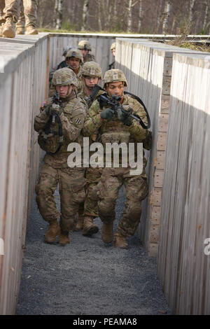 Soldiers from 1st Battalion, 64th Armor Regiment practice clearing a trench system at Grafenwoehr Training Area, Germany, Nov. 18 in preparation for a combined arms live-fire exercise. The exercise was the culminating event for Combined Resolve V, a U.S. Army Europe-directed multinational exercise with more than 4,000 participants from 10 NATO and partner nations. Combined Resolve provides a complex scenario that focuses on multinational unified land operations and reinforces the U.S. commitment to NATO and Europe. Stock Photo