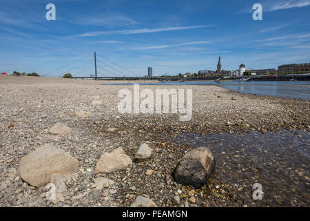 The river Rhine near Dusseldorf, extreme low tide, Rhine level at 84 cm, after the long drought falls the left bank of the Rhine, dry at Dusseldorf Ob Stock Photo