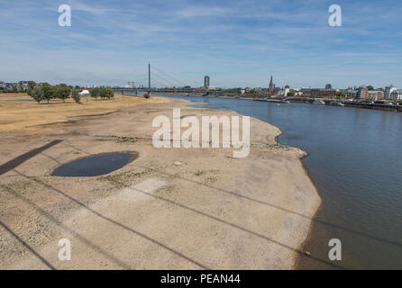 The river Rhine near Dusseldorf, extreme low tide, Rhine level at 84 cm, after the long drought falls the left bank of the Rhine, dry at Dusseldorf Ob Stock Photo