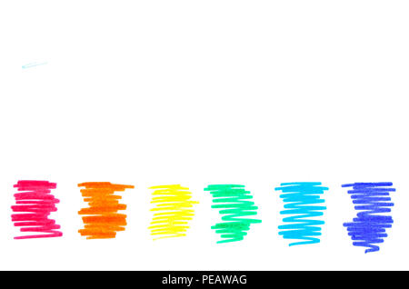 Colorful scribbles of permanent ink markers with fiber details on it isolated on white. Stock Photo