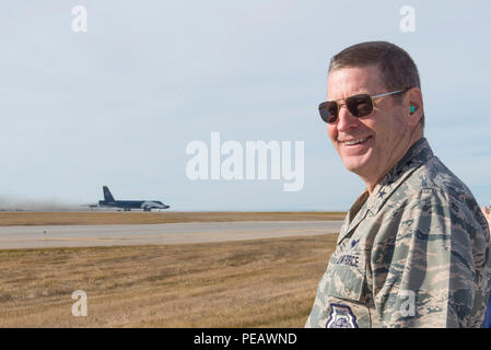 U.S. Air Force Gen. Robin Rand, Air Force Global Strike Command (AFGSC) commander, observes a B-52 Stratofortress bomber taking off from the flight line at Minot Air Force Base, N.D., Nov. 8, 2015, during Exercise Global Thunder 16. AFGSC supports USSTRATCOM’s global strike and nuclear deterrence missions by providing strategic assets, including bombers like the B-52 and B-2, to ensure a safe, secure, effective and ready deterrent force. Global Thunder is an annual U.S. Strategic Command training event that assesses command and control functionality in all USSTRATCOM mission areas and affords  Stock Photo