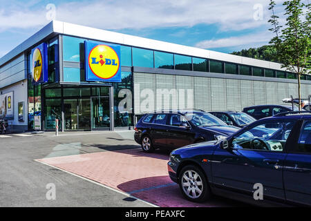 Lidl Supermarket Germany Parking place Cars Lidl car park, Lidl supermarket Lidl store Car park Lidl logo Store Shop, Outside Suburb Discount Company Stock Photo
