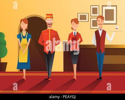 Character of smiling hotel staff flat gradient composition with receptionist, waiter, doorman and maid vector illustration Stock Vector