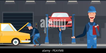 Car repair maintenance autoservice center garage isometric view interior with mechanics testing lifted vehicles vector illustration. Stock Vector