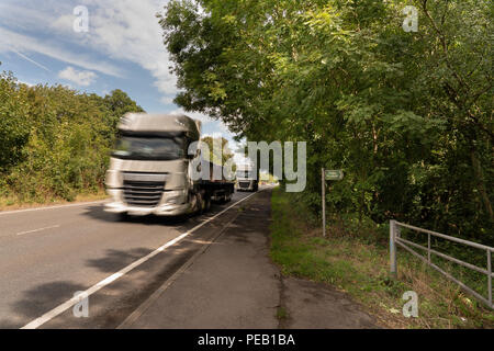 Lorries on the A24 dual carriageway pass close to Binsted Woods, Arundel: Option 5A Arundel Bypass will cut through this ancient woodland. Stock Photo