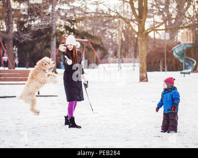 Happy family, white Caucasian mother with toddler boy kid playing with large big pet dog outdoors on winter day, lifestyle childhood concept Stock Photo