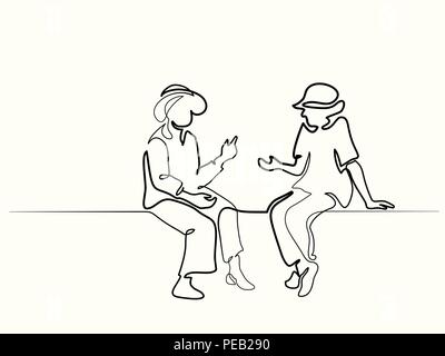 Continuous one line drawing. Two sitting old women talking. Vector illustration Stock Vector