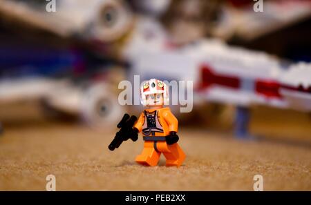 Star Wars X-Wing fighter,  Lego pilot luke skywalker Stock Photo