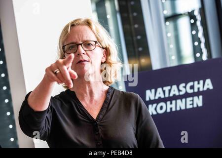 Munich, Bavaria, Germany. 13th Aug, 2018. The Chairperson of the Bavarian SPD NATASCHA KOHNEN revealed today at Munich Olympiapark the SPD campaign for the October 2018 Landtag elections. In addition to the election campaign, Kohnen and the SPD revealed their first placards and a non-dirty campaign against opponents. Kohnen was elected to the position of chairperson (Landesvorsitzende) of the Bavarian SPD in 2017 and is also a deputy leader of the national party. Co-speaker of the presentation was ULI GROETSCH (ULI GRÃ-TSCH) of the Bavarian SPD. The budget for the campaign is said to b Stock Photo