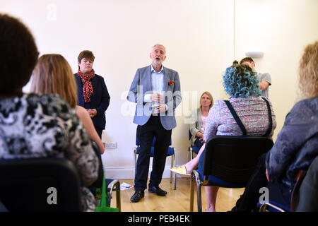 Telford, Shropshire, UK. 13th August, 2018. Labour party leader Jeremy Corbyn MP with Parliamentary Candidate Katrina Gilman addressing local supporters in Coalbrookdale Credit: David Bagnall/Alamy Live News Stock Photo