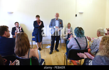 Telford, Shropshire, UK. 13th August, 2018. Labour party leader Jeremy Corbyn MP with Parliamentary Candidate Katrina Gilman addressing local supporters in Coalbrookdale Telford Uk Credit: David Bagnall/Alamy Live News Stock Photo