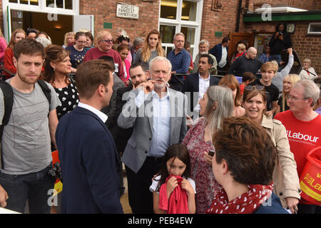 Telford, Shropshire, UK. 13th August, 2018. Labour party leader Jeremy Corbyn MP with local supporters in Coalbrookdale, Telford, Shropshire Credit: David Bagnall/Alamy Live News Stock Photo