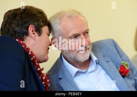 Telford, Shropshire, UK. 13th August, 2018. Labour party leader Jeremy Corbyn MP with Parliamentary Candidate Katrina Gilman addressing local supporters in Coalbrookdale Credit: David Bagnall/Alamy Live News Stock Photo