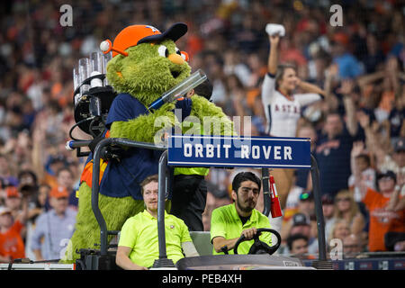 April 3, 2017: A Houston Astros cheerleader and the Houston Astros mascot  sing ''God Bless America'' during the seventh inning in the MLB game  between the Seattle Mariners and the Houston Astros