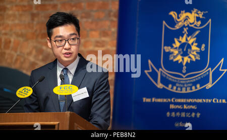 Hong Kong, Hong Kong SAR. 14th Aug, 2018. Leader of the soon to be banned National Party of Hong Kong, Andy Chan Ho-Tin speaks to the Foreign Correspondents Club in Central Hong Kong. Protesters from both the pro Independence camp and the Pro-Beijing camp fill the streets outside the club. Credit: Jayne Russell/ZUMA Wire/Alamy Live News Stock Photo