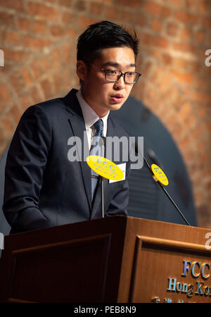 Hong Kong, Hong Kong SAR. 14th Aug, 2018. Leader of the soon to be banned National Party of Hong Kong, Alan Chan Ho-Tin speaks to the Foreign Correspondents Club in Central Hong Kong. Protesters from both the pro Independence camp and the Pro-Beijing camp fill the streets outside the club. Credit: Jayne Russell/ZUMA Wire/Alamy Live News Stock Photo