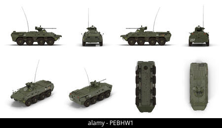 BTR-80 wheeled armoured vehicle personnel carrier renders set from different angles on a white. 3D illustration Stock Photo