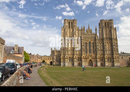 Wells Cathedral, West Front, Blue sky with fluffy clouds. Stock Photo