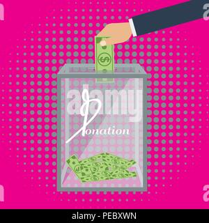 Hand putting money in transparent donation box. Illustration with trendy halftone background vector. Stock Vector