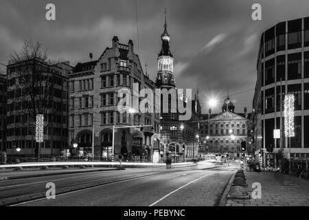 Amsterdam, The Netherlands, December 26, 2017: black and white picture of the Raadhuisstraat in the old town of Amsterdam with the back of the Royal P Stock Photo