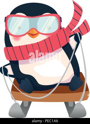 Penguin on sled. Penguin cartoon vector illustration. Activity in
