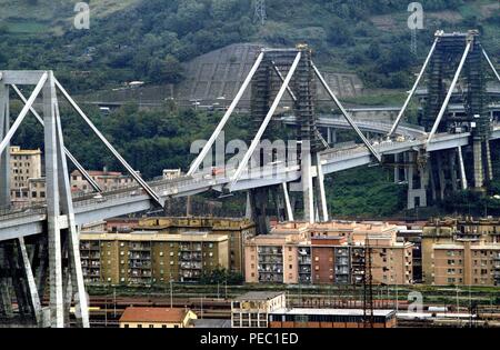 Genoa (Italy), archive photo of the viaduct of the A 10 motorway over Polcevera river called 'Ponte Morandi', which dramatically collapsed on 14 August 2018, causing dozens of deaths. Stock Photo