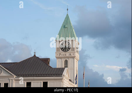 The clock tower on Pier A at the southern end of Battery Park City was installed in 1919 as a memorial to servicemen who died fighting in World War I. Stock Photo