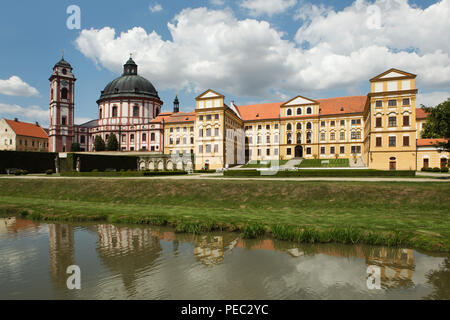 Saint Margaret's Church (Kostel svaté Markéty) and the Jaroměřice Chateau (Zámek Jaroměřice) known as the Bohemian Versailles in Jaroměřice nad Rokytnou in Vysočina Region, Czech Republic. Stock Photo