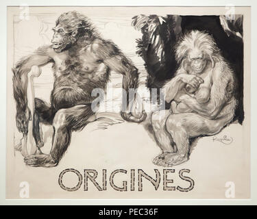 Family of prehistoric men depicted in the drawing entitled 'Origins' by Czech symbolist painter František Kupka (1905) for the encyclopaedia L'Homme et la Terre ('Man and the Earth') published by French geographer Élisée Reclus on display at his retrospective exhibition in the Grand Palais in Paris, France. The exhibition runs till 30 July 2018. Stock Photo
