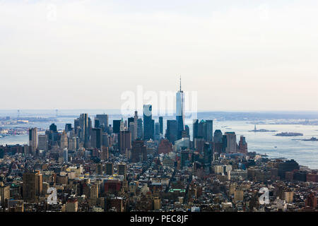 View from above on One World Trade Center and skyscrapers in the financial district, skyline, Manhattan, New York City, New York Stock Photo