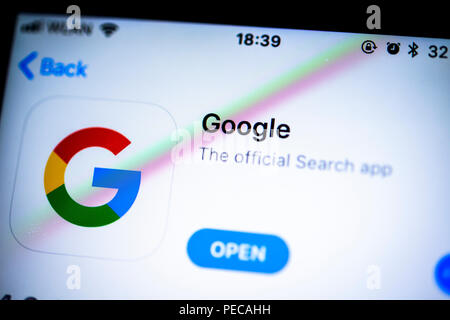 Official Google Search App in the Apple App Store, app icon, iPhone, iOS, smartphone, display, close-up, detail, Germany Stock Photo