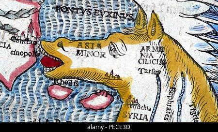 Asia depicted in the form of Pegasus (with modern hand coloring) by Heinrich Bünting c.1590 head. Stock Photo