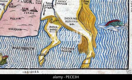 Asia depicted in the form of Pegasus (with modern hand coloring) by Heinrich Bünting c.1590 Lowerright. Stock Photo