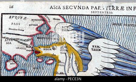 Asia depicted in the form of Pegasus (with modern hand coloring) by Heinrich Bünting c.1590 Upperleft. Stock Photo