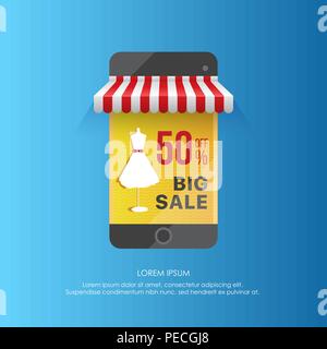 Smartphone display advertising big sales up to 50% under striped tent on vivid blue background Stock Vector