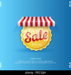 Golden round sticker on vector poster for sale advertising under striped tent on blue background Stock Vector