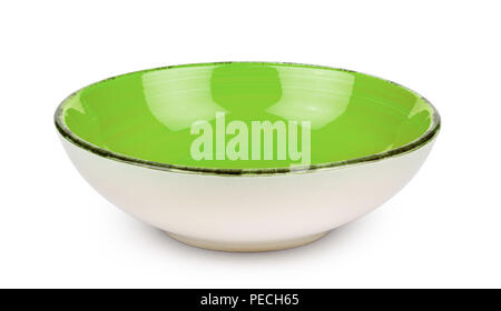 Green empty bowl isolated on white background. Ceramic tableware. Stock Photo