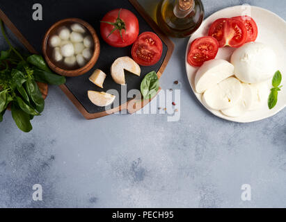 Italian cheeses. Mozzarella Buffalo, crottin, balls, Stracciatella, basil leaves, tomatoes, olive oil with vinegar on gray background. Top view, copy space. Stock Photo